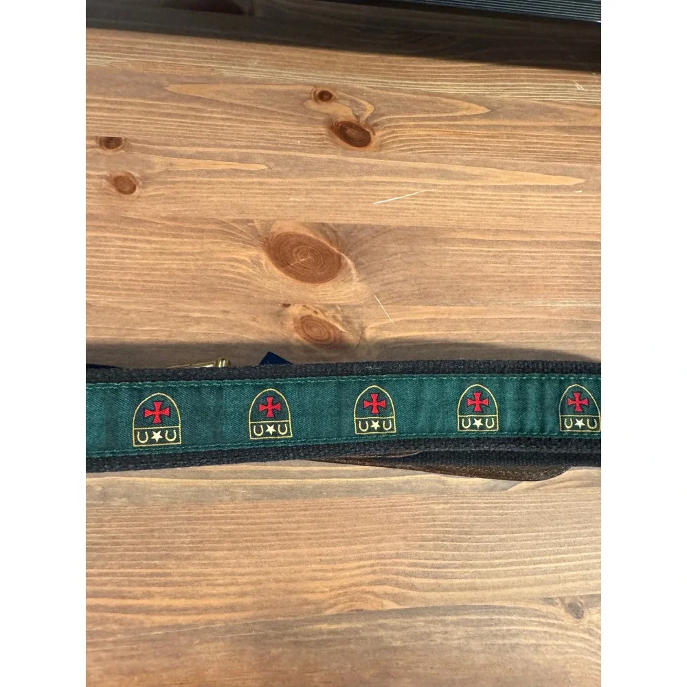 Vineyard Vines Mens Size 34 Canvas Leather Belt Crest Embroidery Green Navy USA